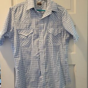 Blue plaid short sleeve pearl snap shirt